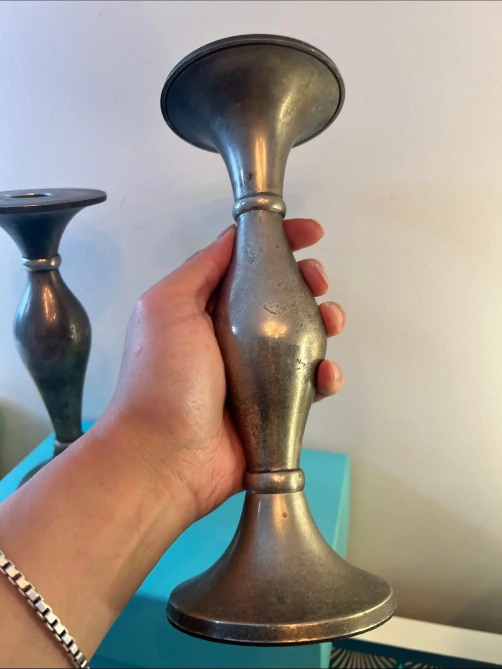 Metal Taper Candle Holders in Aged Silver-tone Metal - Set of 2